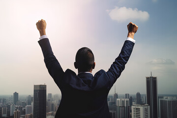 Fototapeta na wymiar Successful businessman raising hand and expressing positivity while standing against skyscrapers background