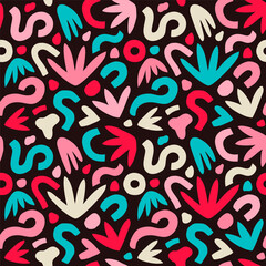 Abstract hand drawn backgrounds with floral shapes. Colorful bright freehand seamless pattern. Backdrop for textile prints, wallpapers, decorative wrapping paper, package. EPS 10 vector illustration