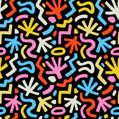 Abstract hand drawn backgrounds with floral shapes. Colorful bright freehand seamless pattern. Backdrop for textile prints, wallpapers, decorative wrapping paper, package. EPS 10 vector illustration