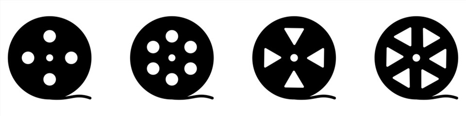 Film reel icon set. Black movie reel icon in vintage style. Old retro reel with film strip collection. Vector illustration