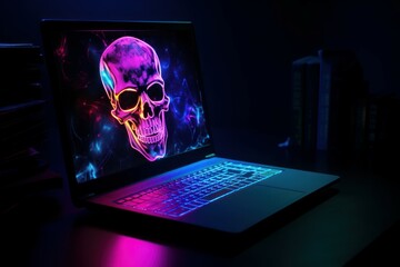 Neon laptop skull image. Generate Ai