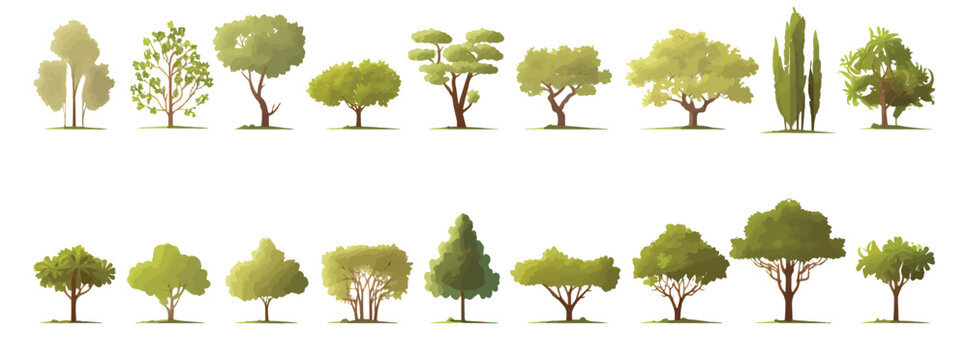 Tree and Shrubs Flat in the Style of Minimalist Watercolor in Set of Vector Style