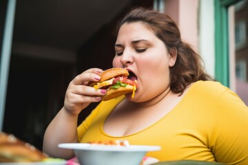 Overweight woman eating food. Generate Ai