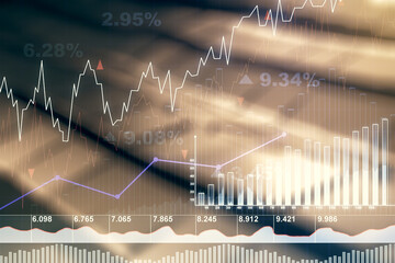 Abstract virtual financial graph hologram on abstract metal background, financial and trading...