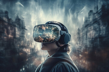 A person wearing a headset with a futuristic background. Ai generated.