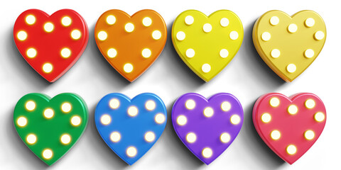 Set of various colored 3D hearts with an outline of lights. Heart shape with shadows on transparent background.