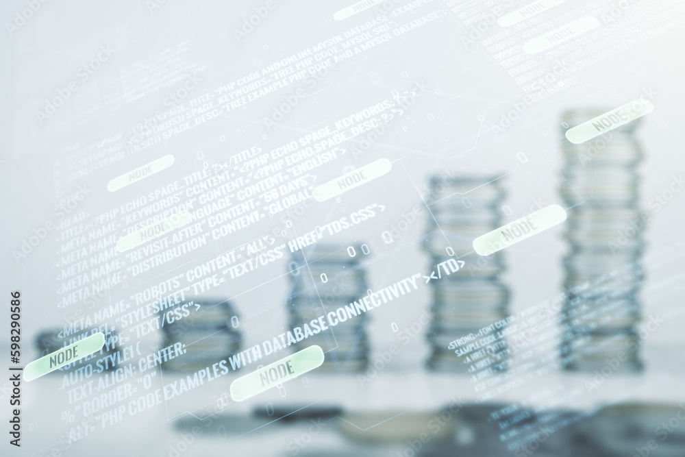 Poster multi exposure of abstract programming language hologram on growing coins stacks background, artific