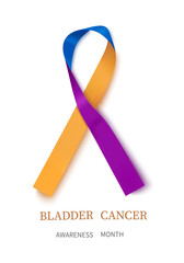 The month of May is awareness of the fact of bladder cancer.The yellow-lilac-blue ribbon is highlighted on a white background.Vector design template for poster