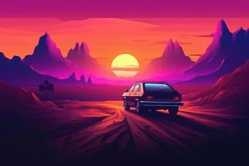  Retro landscape car pink color. Generate AI © nsit0108