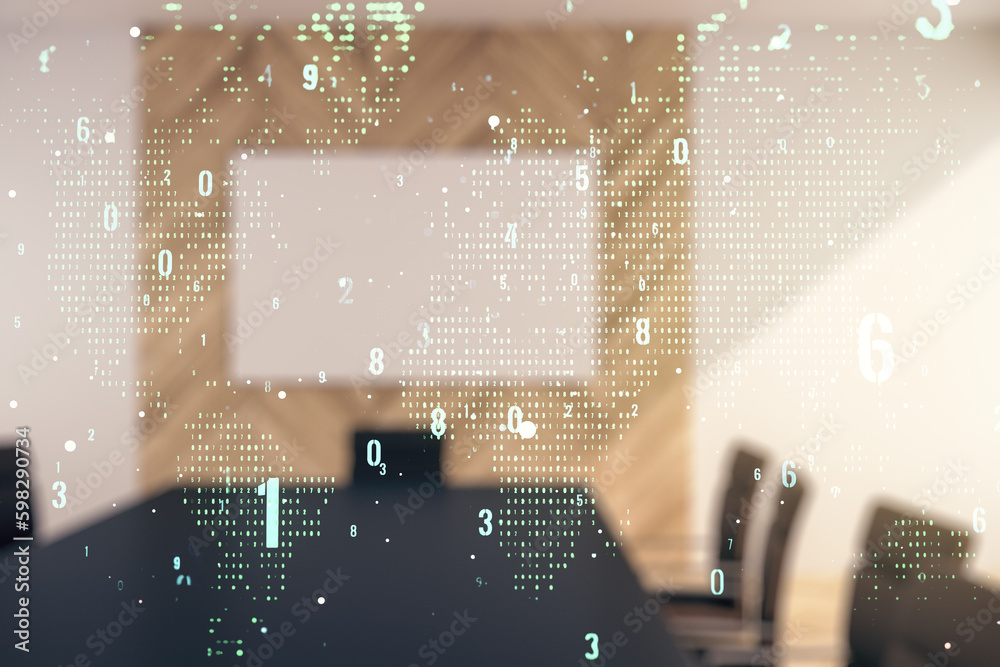 Poster Multi exposure of abstract programming language hologram and world map on a modern furnished office interior background, artificial intelligence and neural networks concept