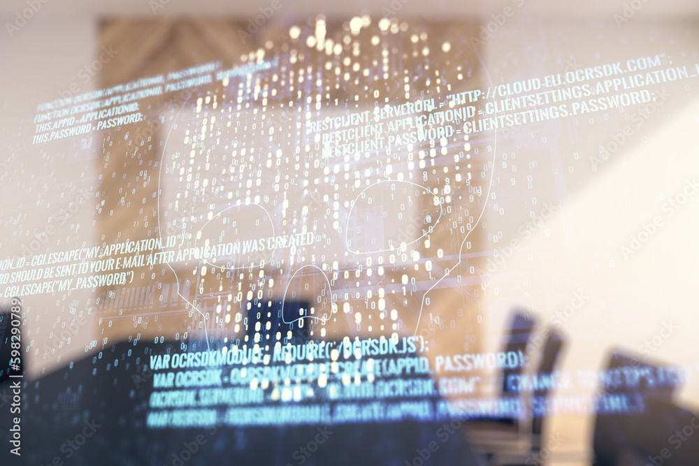 Aufkleber abstract virtual code skull illustration on a modern conference room background. hacking and phishin