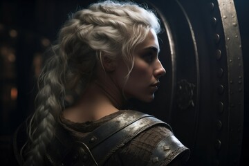 Scandinavian woman medieval with shield. Generate AI