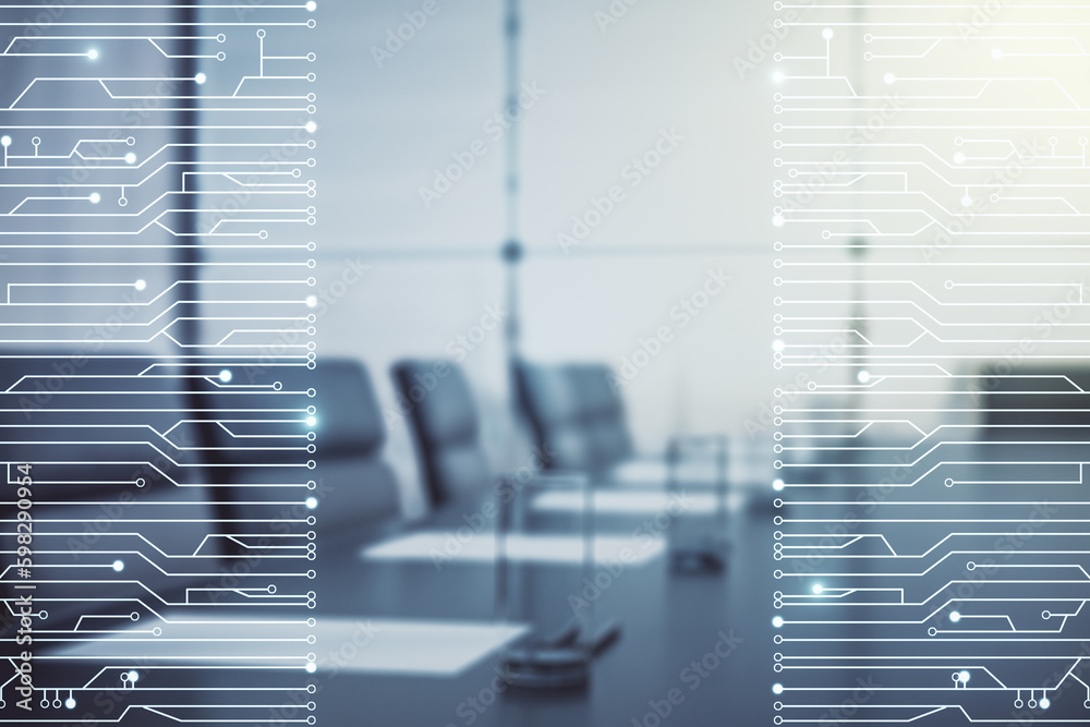 Aufkleber abstract virtual micro chip hologram on a modern coworking room background, artificial intelligence 