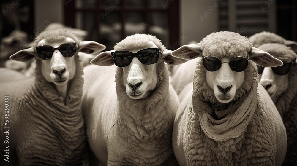 Wall mural a group of sheepw wearing sunglasses and walking in the city, generative ai