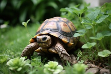 A tortoise walking in a garde