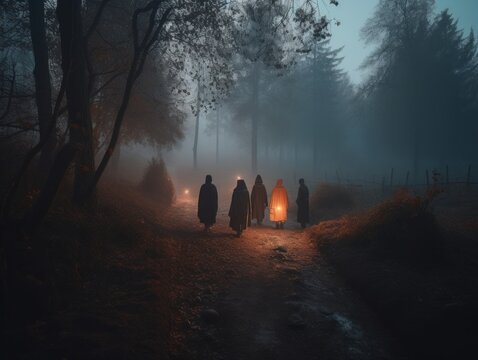 A Group of Friends Dressed in Their Spooky Halloween Costumes Walking Down the Misty Forest Path at Dusk