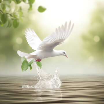 Close-up of a white dove with a green leaf in the beak. Conceptual photo symbolizing peace and a worldwide flood (the Noachian Flood). AI-generated image
