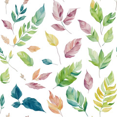 Seamless watercolor pattern of green and yellow leaves. AI generative art, upgraded by human