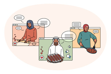 Set of diverse Arabic food bloggers on screen cooking tasty dishes on internet. Collection of arab influencers prepare traditional national meal, have class on web. Flat vector Generative AI