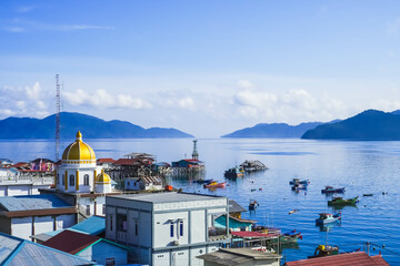 Tarempa, Anambas Archipelago, Riau Islands, Indonesia seen from the top of many buildings against a...