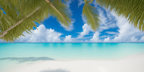 tropical beach scene background with white sand, crystal-clear turquoise water, and swaying palm trees. Generative AI