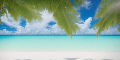 tropical beach scene background with white sand, crystal-clear turquoise water, and swaying palm trees. Generative AI