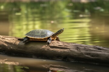 A turtle on a log in a rive