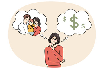 Confused young woman think of life plan, make choice between money and motherhood. Frustrated female choose between career and family. Flat vector illustration, cartoon character. Generative AI