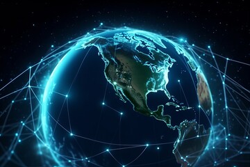 Fototapeta premium night earth global virtual internet world connection of metaverse technology network digital communication and worldwide networking on connect 3d background, earth globe with space, Generative AI
