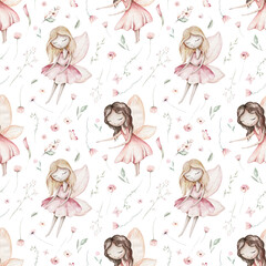 Fairy and Flowers watercolor seamless girls nursery pattern. Cartoon pink magic girl baby background. Faitytale textile art