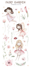 Fairy and Flowers watercolor isolated kids illustration for girls. Cartoon pink magic girl baby shower poster. Happy Birthday kid card - 598292341