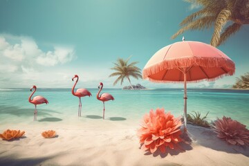 Summer flamingo sand beach. Generate Ai - obrazy, fototapety, plakaty