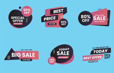 Sale label set with discount vector design, sale banners, and coupons Special offer discount with different value percent off.