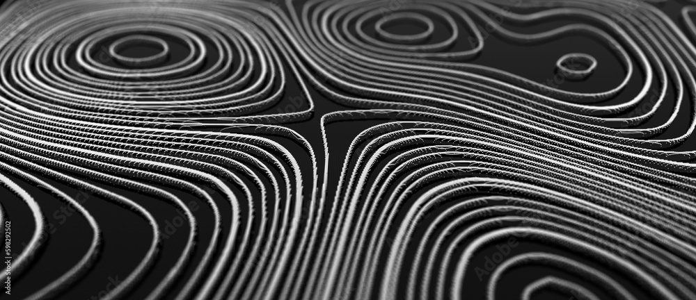 Poster abstract wave of many glowing particles. topographic map lines background. network of neon dots. big