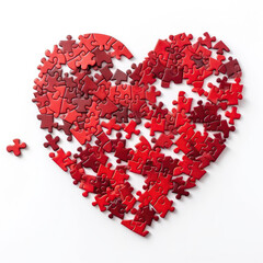 A Heart Shape Made Of Puzzle Pieces On White Background. Generative AI - obrazy, fototapety, plakaty