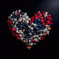 Fototapeta na wymiar A Heart Shape Made Of Origami Stars On Black Background. Generative AI