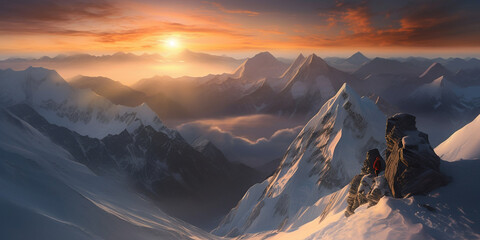 Naklejka na ściany i meble Mountain peak in the Himalayas, Nepal, Panorama photo at sunrise