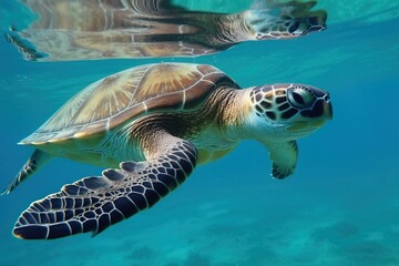 Fototapeta premium A turtle swimming underwate