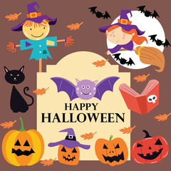 Halloween pumpkins with bats, witch, and tombstone. Flat design background