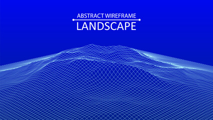 Vector wireframe 3d landscape. Technology grid illustration. Network of connected dots and lines. Futuristic background.