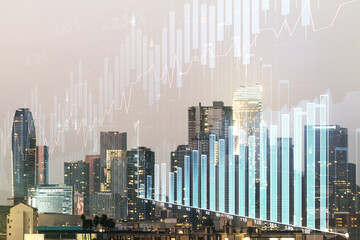 Obraz na płótnie Canvas Abstract virtual financial graph hologram on Los Angeles cityscape background, financial and trading concept. Multiexposure