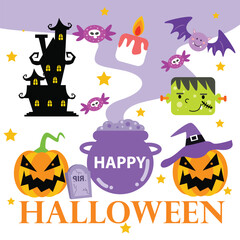Halloween greeting card with scary pumpkin, monster, and haunted castle, flat design illustration