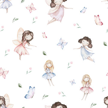 Fairy and Flowers watercolor seamless girls nursery pattern. Cartoon pink magic girl baby background. Faitytale textile art