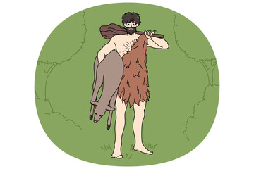 Caveman from stone age in traditional tribe clothing hold prey in hands. Primitive archaic man with cudgel. Tribal times. Flat vector illustration, cartoon character. Generative AI