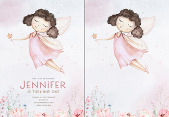 Fairy and Flowers watercolor isolated kids illustration for girls. Cartoon pink magic girl baby shower poster. Happy Birthday kid card © kris_art