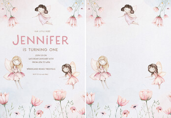 Fairy and Flowers watercolor isolated kids illustration for girls. Cartoon pink magic girl baby shower poster. Happy Birthday kid card - 598293188