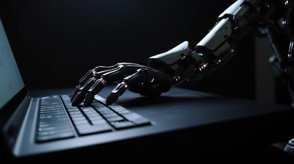 Metallic hand and laptop keyboard with bright light. Generative AI