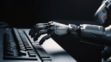 Robot hand using laptop with light background and artificial intelligence concept. Generative AI