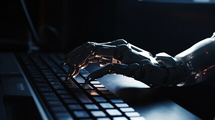 Cybernetic hand printing on laptop keyboard with surreal and creative effect. Generative AI