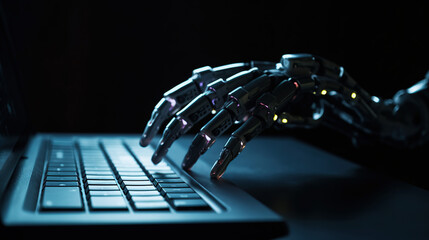 Robot hand and laptop with cinematic lighting and futuristic innovation. Generative AI